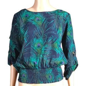 Michael Kors peacock feather patterned blouse size SP